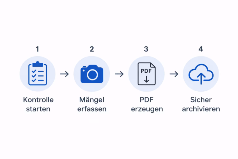 Kontrolle starten, Mängel erfassen, Pdf erzeugen und sicher archivieren